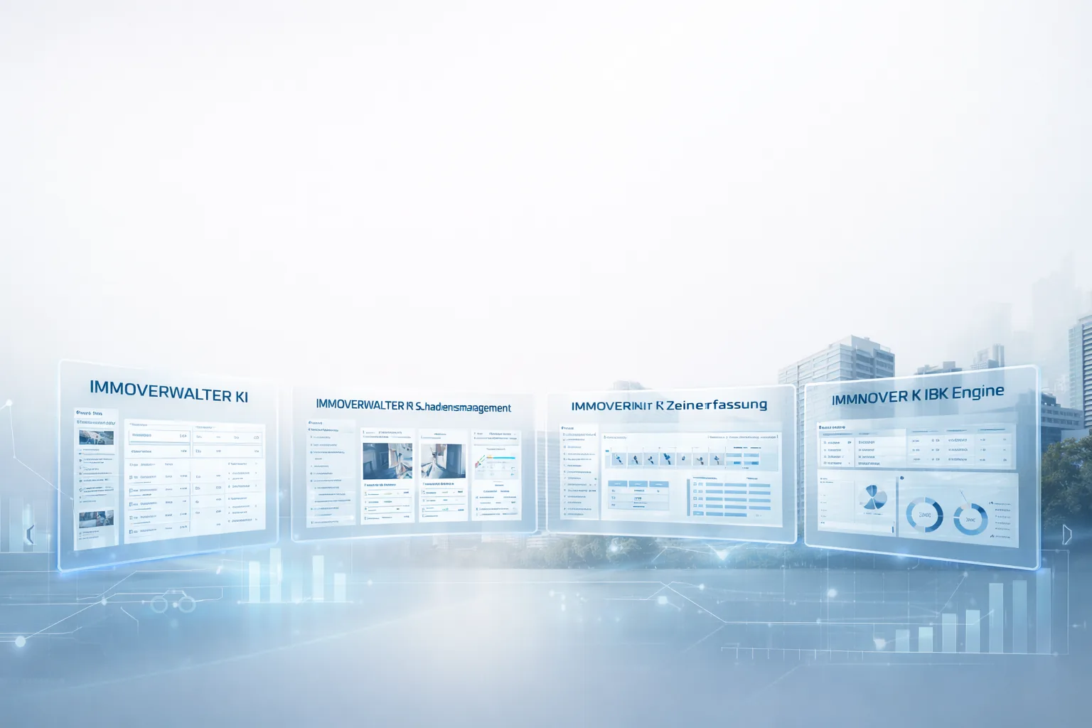 Produktvisual f&uuml;r IMMO KI Makler mit Objektkarte, Lead-Pipeline, Expos&eacute;-Vorschau und Vermarktungsprozess
